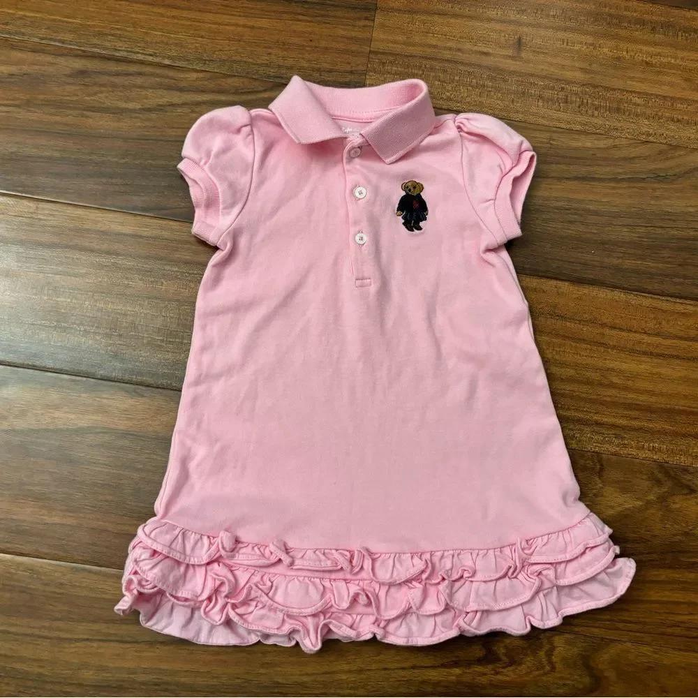 Ralph Lauren Polo Bear Baby embroidered Pink Short Sleeve Collared Dress